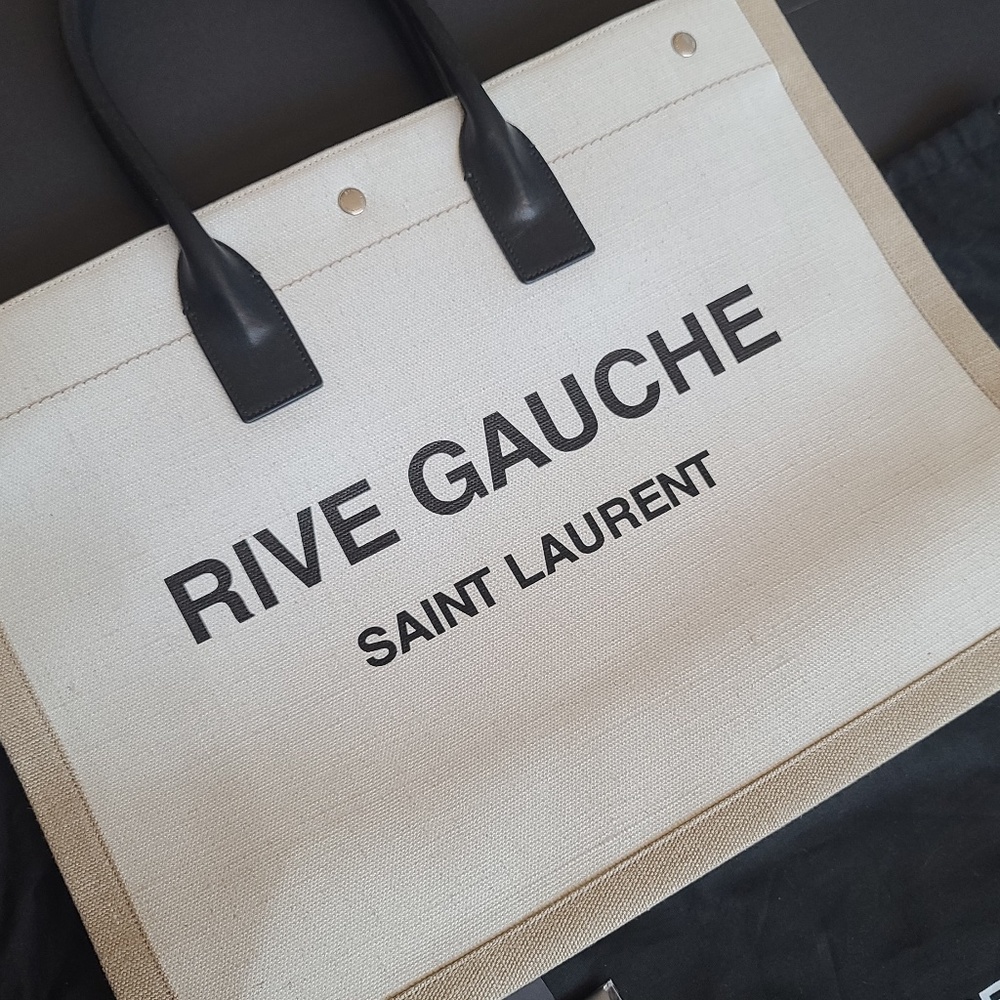 USED ONLY TWICE - RIVE GAUCHE 'LARGE' TOTE BAG IN PRINTED CANVAS AND LEATHER